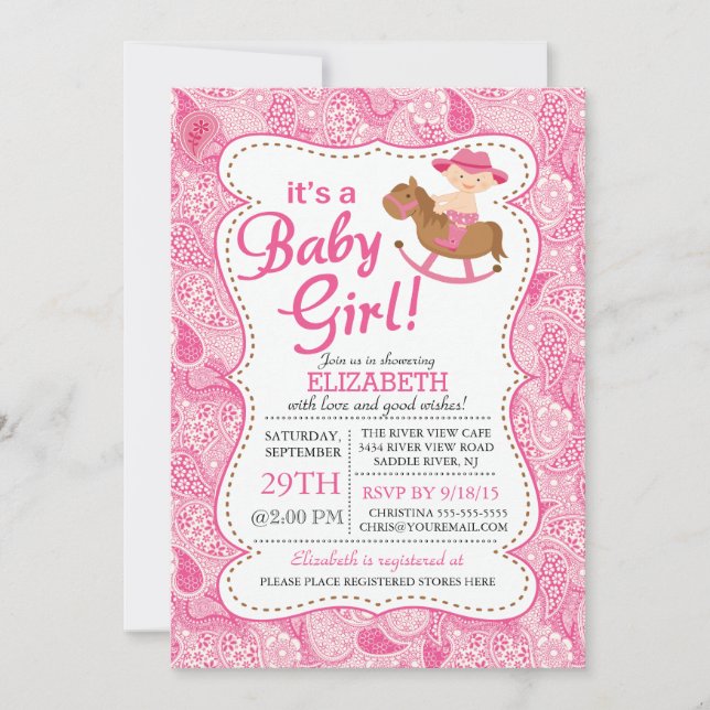 Es una invitación a Baby Shower de Chicas de COWGI (Anverso)