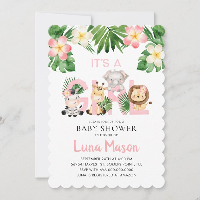 Es una invitación a Baby Shower de la jungla Chica (Anverso)