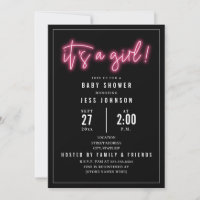 Es una invitación a Baby Shower de neón rosado Chi