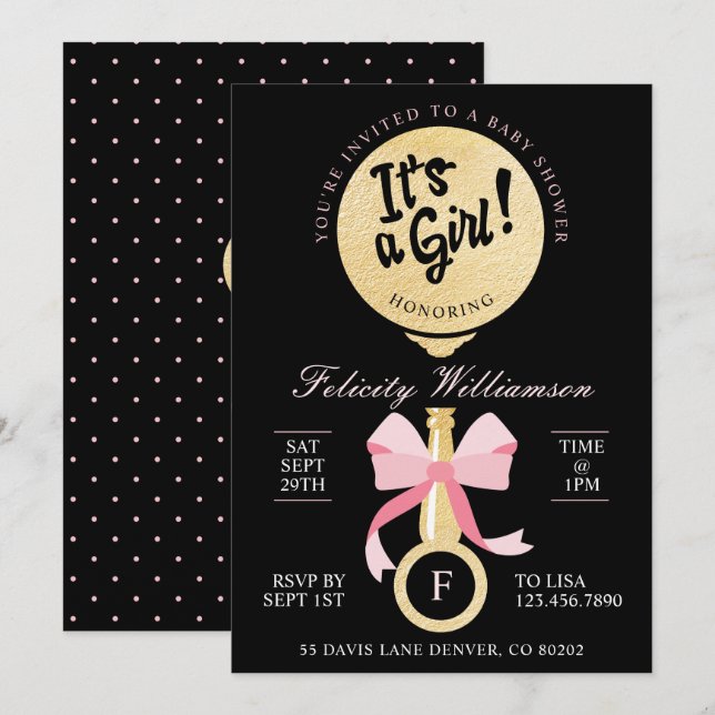 Es una invitación a Baby Shower de un bebé Chica (Anverso / Reverso)