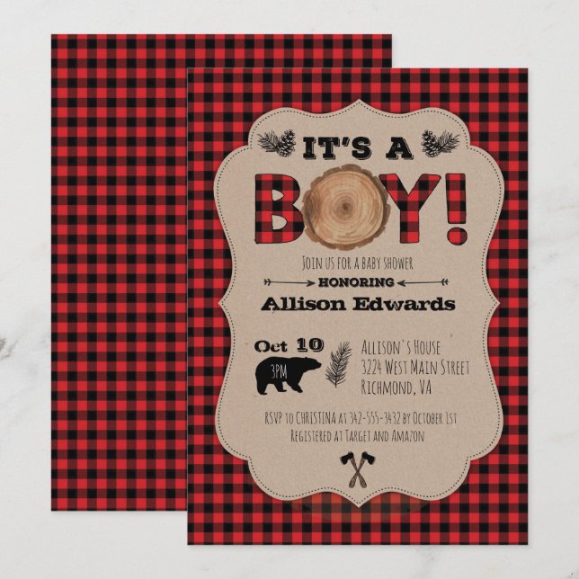 Es una invitación a Baby Shower de un niño con el  (Anverso / Reverso)