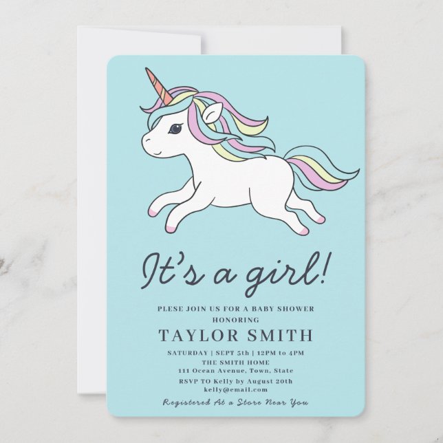 Es una invitación a Baby Shower de unicornio Chica (Anverso)