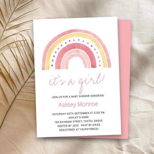 Es una invitación a Baby Shower del arcoiris rosad (It's a Girl baby shower invitation with cute rainbow)