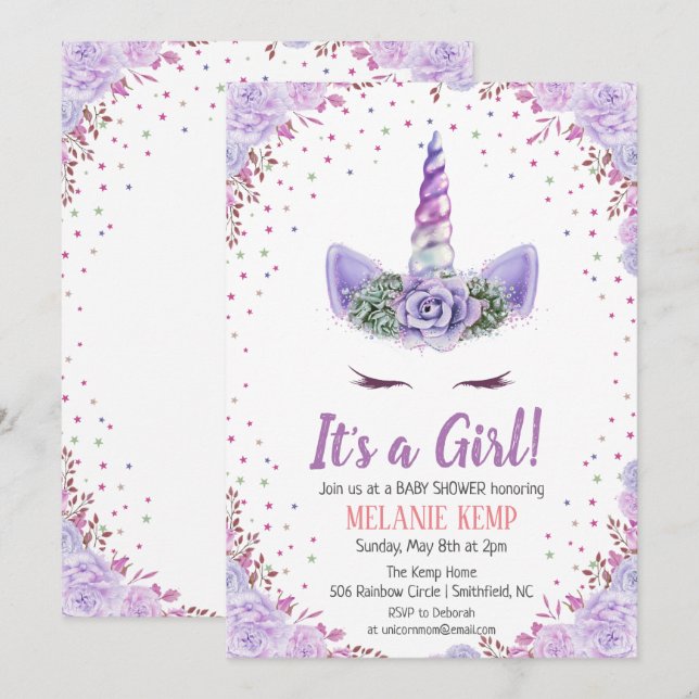 Es una invitación a la Baby Shower floral de unico (Anverso / Reverso)