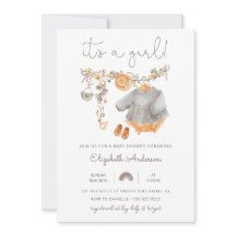 Es una invitación a la ducha de ropa de bebé Chica