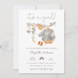 Es una invitación a la ducha de ropa de bebé Chica