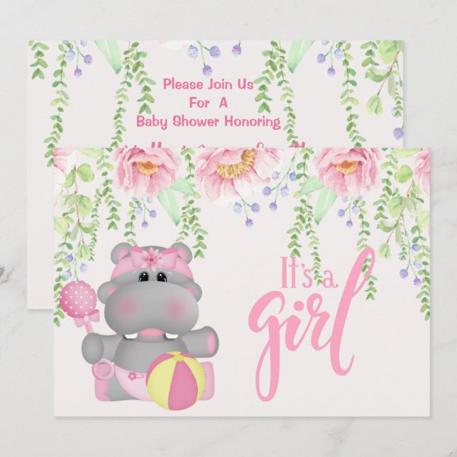 Es una invitación Chica a Hippo Floral en Baby Sho (Anverso / Reverso)