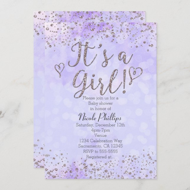 Es una invitación Chica Baby Shower Purple & Silve (Anverso / Reverso)