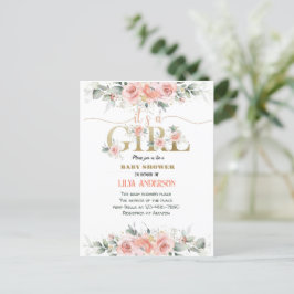 Es una invitación chica de Baby Shower floral rosa