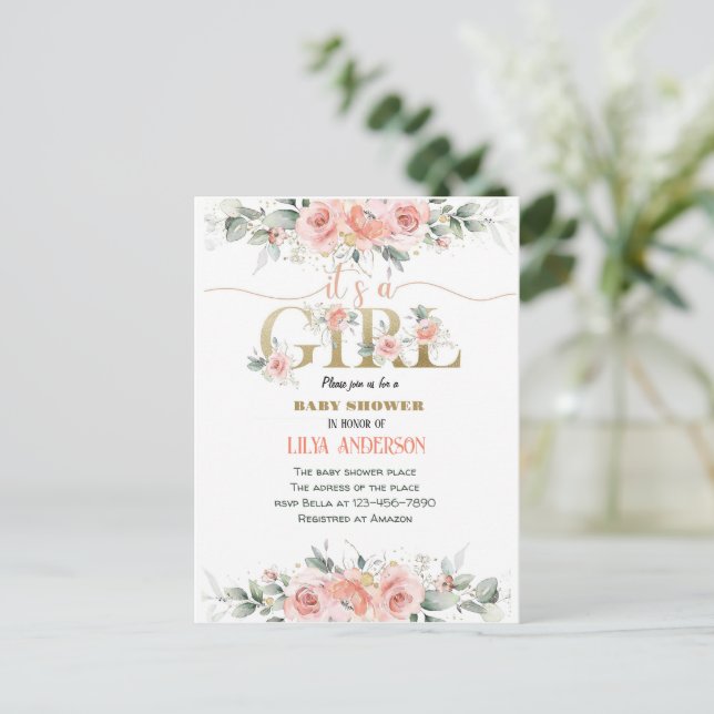 Es una invitación chica de Baby Shower floral rosa (Anverso de pie)