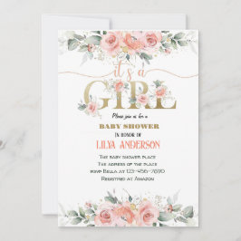 Es una invitación chica de Baby Shower floral rosa