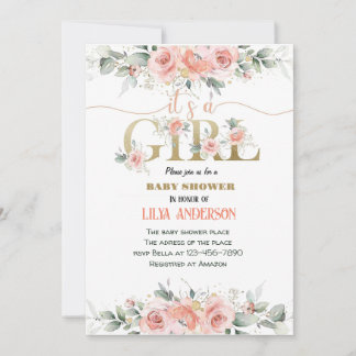 Es una invitación chica de Baby Shower floral rosa