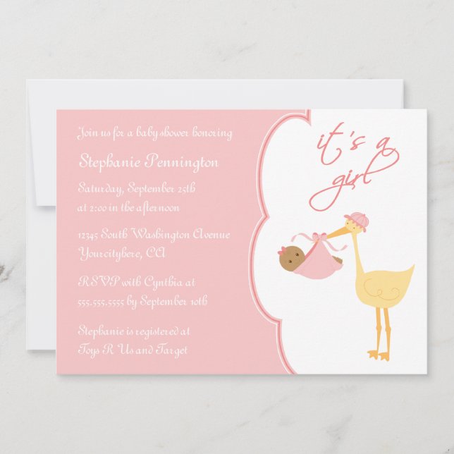 Es una invitación chica de cigüeña rosa para una d (Anverso)