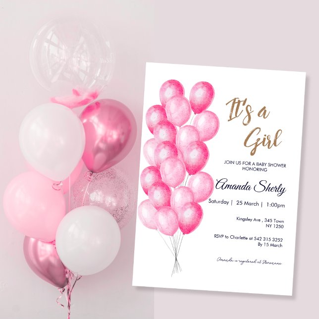 Es una invitación de Baby Shower a los globos rosa (Its a Girl Pink Balloons Baby Shower Invite)