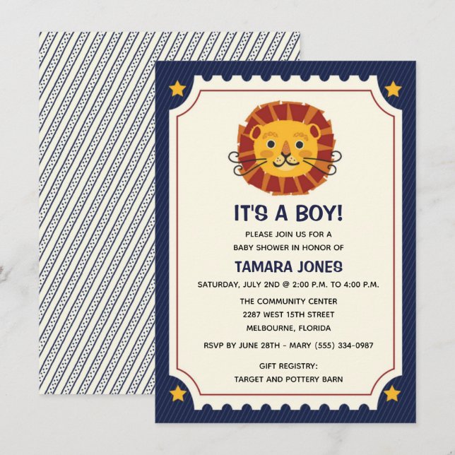 Es una invitación de Baby Shower a un león de boy  (Anverso / Reverso)