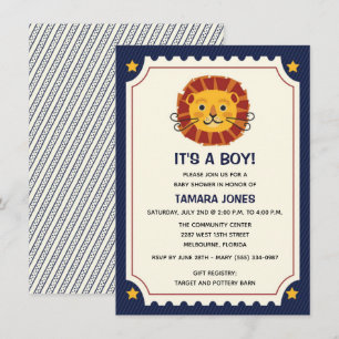 Es una invitación de Baby Shower a un león de boy 