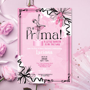 Es una invitación de baby shower de ballet Prima
