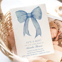 Es una invitación de Baby Shower de Boy Blue Bow