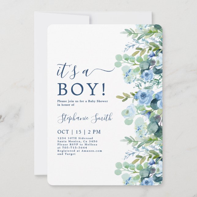 Es una invitación de Baby Shower de Boy Blue Flora (Anverso)