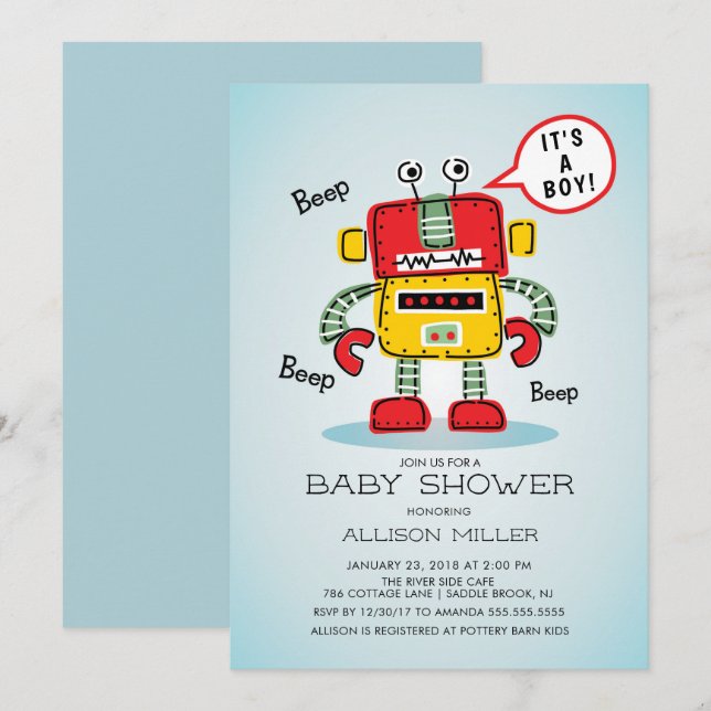 Es una invitación de Baby Shower de Boy Robot (Anverso / Reverso)