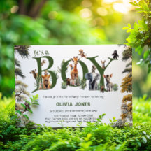 Es una invitación de Baby Shower de Boy Safari
