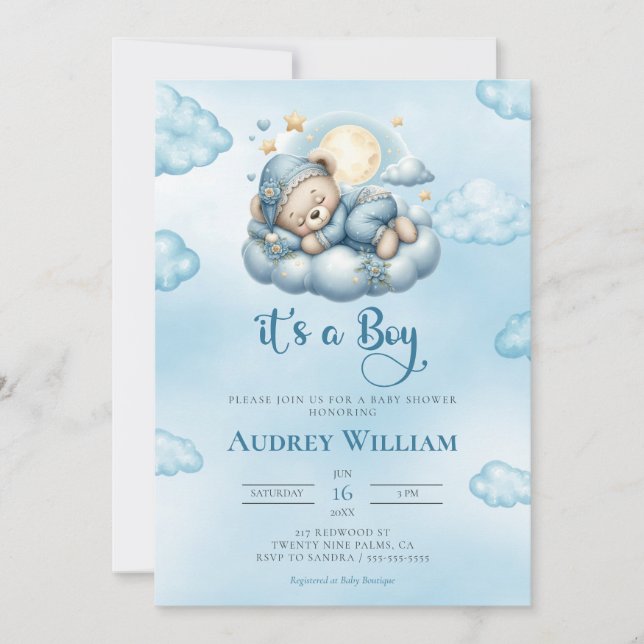 Es una invitación de Baby Shower de Boy Teddy Bear (Anverso)