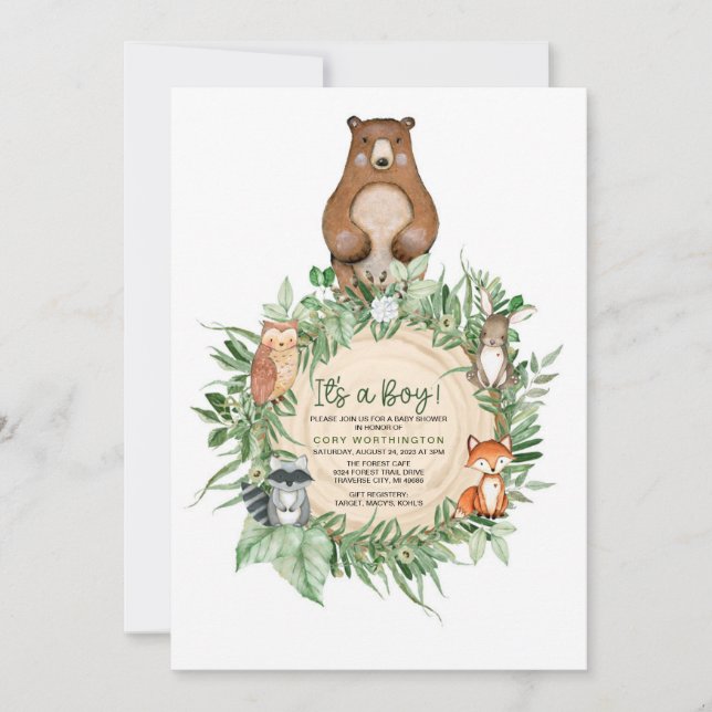 ES UNA INVITACIÓN DE BABY SHOWER DE BOY WOODLAND (Anverso)