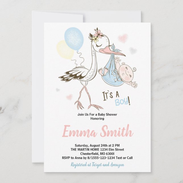 Es una invitación de Baby Shower de cigüeñas de ch (Anverso)
