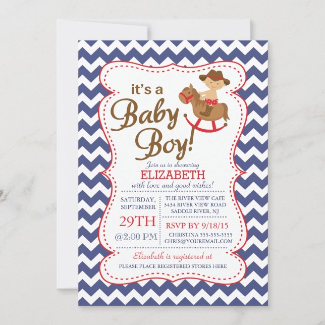Es una invitación de Baby Shower de COWBOY Boys (Anverso)