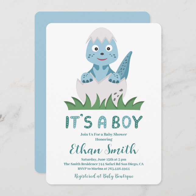 Es una invitación de Baby Shower de dinosaurios mu (Anverso / Reverso)