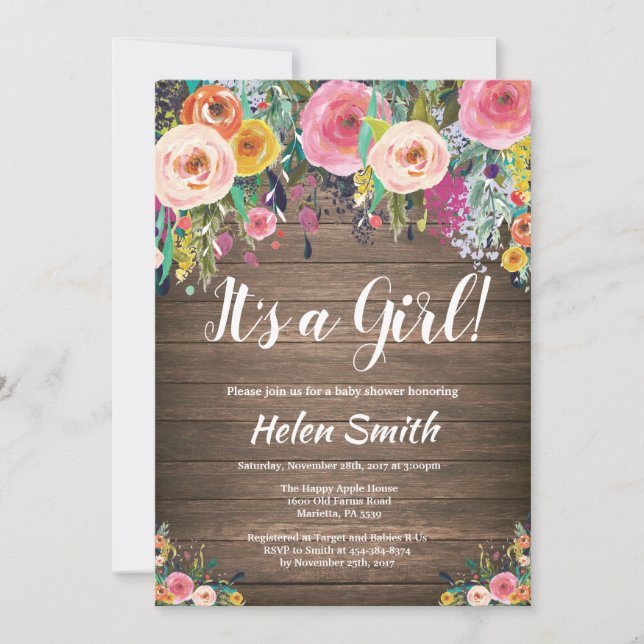 Es una invitación de Baby Shower de flores rustica (Anverso)
