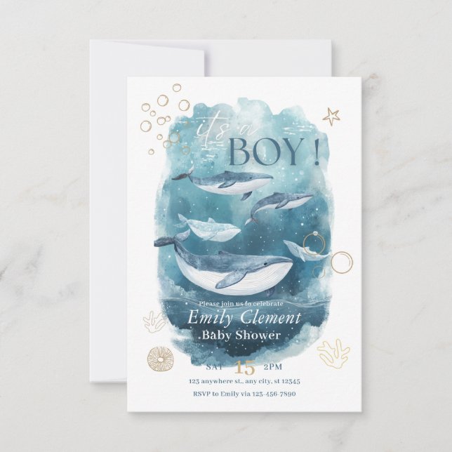 Es una invitación de Baby Shower de niño bajo el m (Anverso)