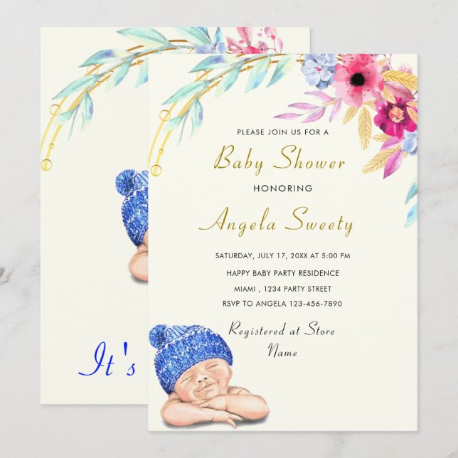 Es una invitación de Baby Shower de niño feliz dur (Anverso / Reverso)