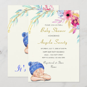 Es una invitación de Baby Shower de niño feliz dur