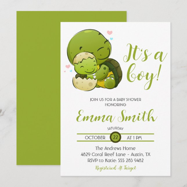 Es una Invitación de Baby Shower de Tortuga Marina (Anverso / Reverso)