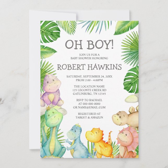 Es una invitación de Baby Shower de un niño dinosa (Anverso)