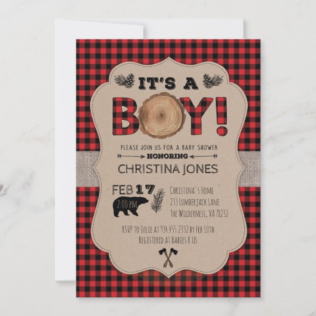 Es una invitación de Baby Shower de un niño Lumber (Anverso)