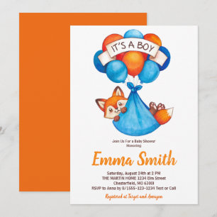 Es una invitación de baby shower de zorro acuarela