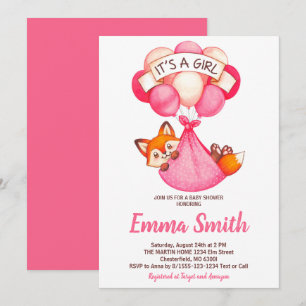 Es una invitación de baby shower de zorro con acua
