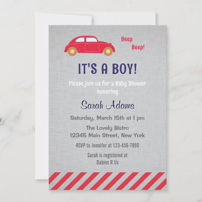 Es una invitación de Baby Shower del coche del (Anverso)