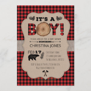 Es una invitación de Baby Shower del leñador del