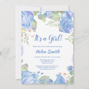 Es una invitación de baby shower floral azul para
