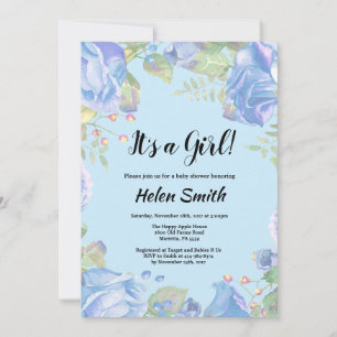 Es una invitación de baby shower floral azul para