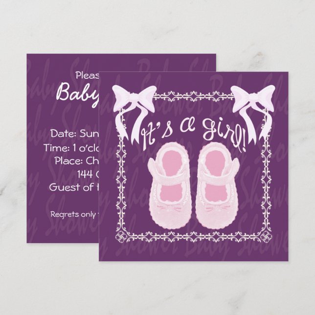 Es una invitación de Baby Shower morado a un chica (Anverso / Reverso)