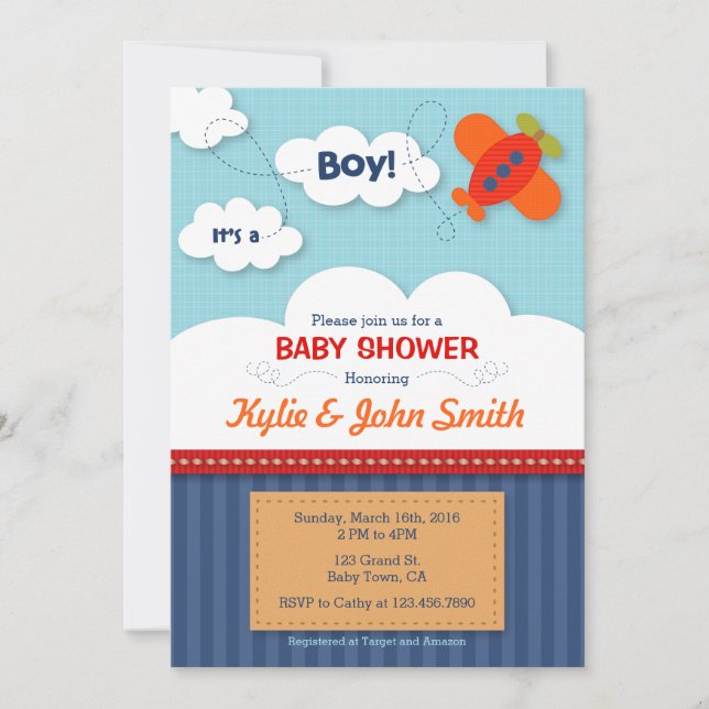 Es una invitación de Baby Shower para un avión de  (Anverso)