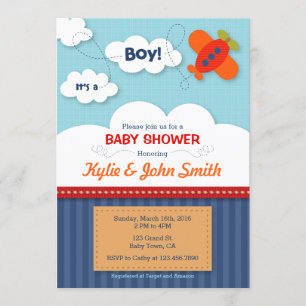Es una invitación de Baby Shower para un avión de 