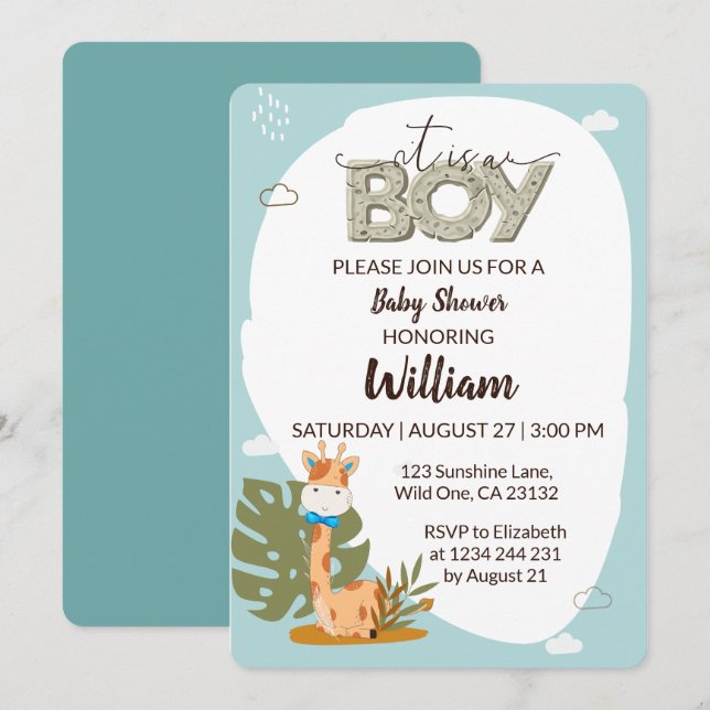 Es una invitación de Baby Shower para un niño bebé (Anverso / Reverso)