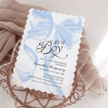 Es una invitación de bebé azul Coquette Bow