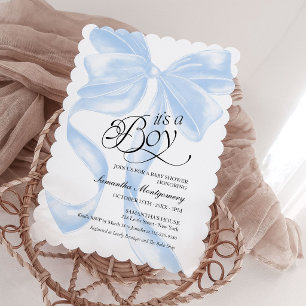 Es una invitación de bebé azul Coquette Bow