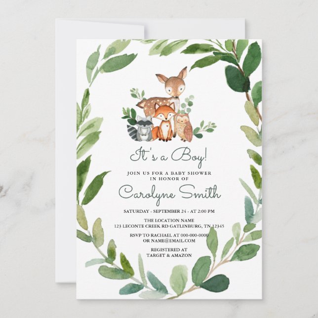 Es una invitación de Boy Woodland en Baby Shower (Anverso)